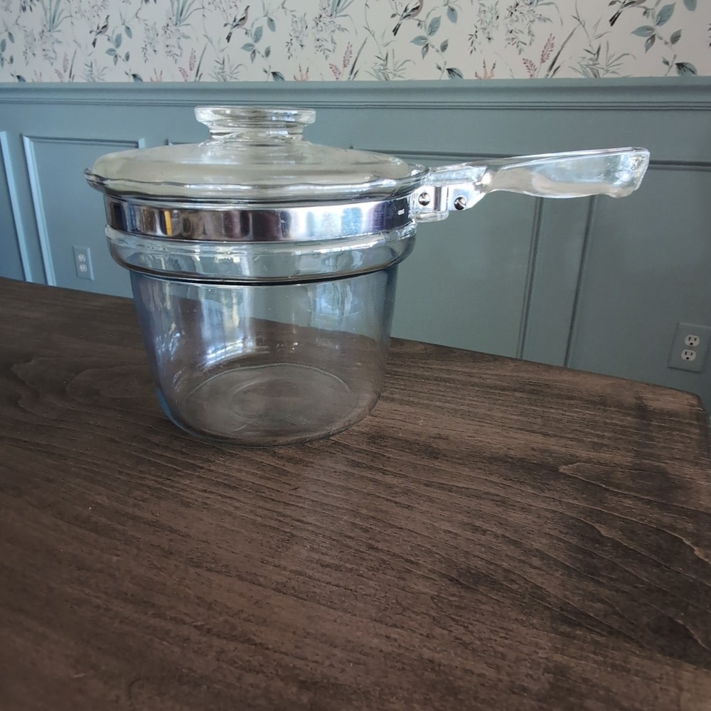 Vintage Pyrex Flameware 6283 Covered Saucepan Double Boiler Glass Lid Handle